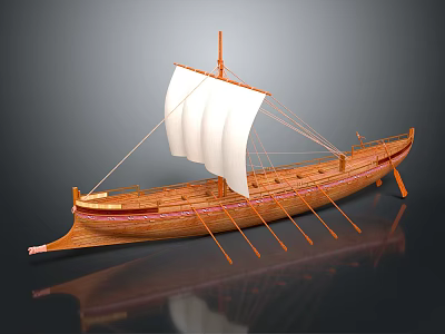 Ancient Traditional Wooden Sailed Watercraft With Oars And Detailed Hull Design 3d model