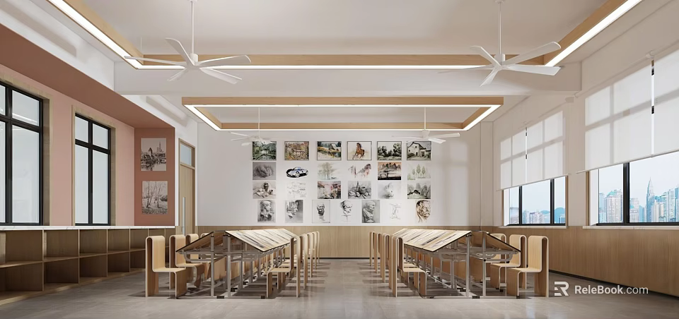 School Cafeteria Interior With Long Tables Chairs Artworks On Wall Ceiling Fans And Bright Lighting 3d model 