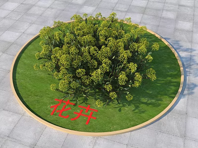 Circular Lawn With Green Flower Plants Yellow Small Blooms And Wooden Border On Gray Pavement 3d model