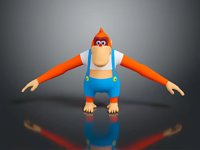 Cartoon Monkey Character 3D Model With Orange Arms White T-Shirt Blue Overalls And Red Eyes 3d model