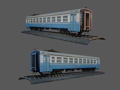 Classic Blue And White Train Car With Windows On Railway Tracks 3d model