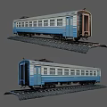 Classic Blue And White Train Car With Windows On Railway Tracks