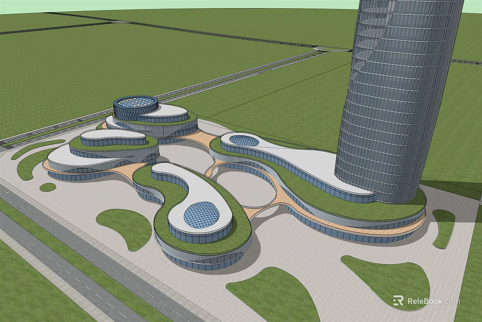 Modern Commercial Complex Design With Green Roof Glass Dome Tower And Open Plaza 3d model 