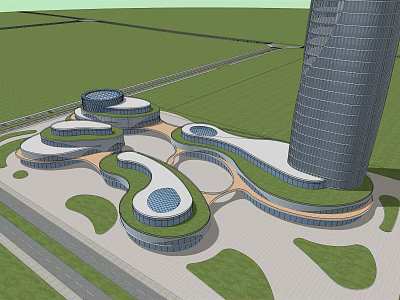 Modern Commercial Complex Design With Green Roof Glass Dome Tower And Open Plaza 3d model