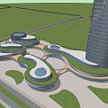 Modern Commercial Complex Design With Green Roof Glass Dome Tower And Open Plaza