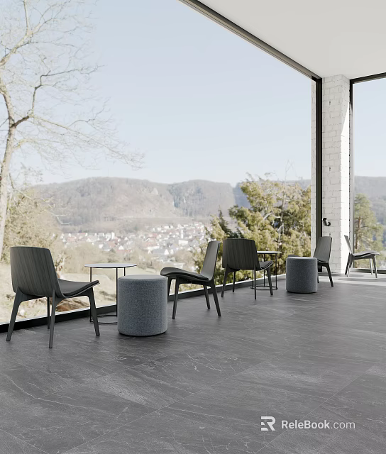 Scenic Cafe Outdoor Terrace With Black Chairs Gray Round Stools And Mountain Town View 3d model 