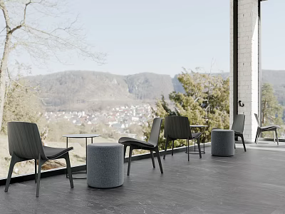 Scenic Cafe Outdoor Terrace With Black Chairs Gray Round Stools And Mountain Town View 3d model