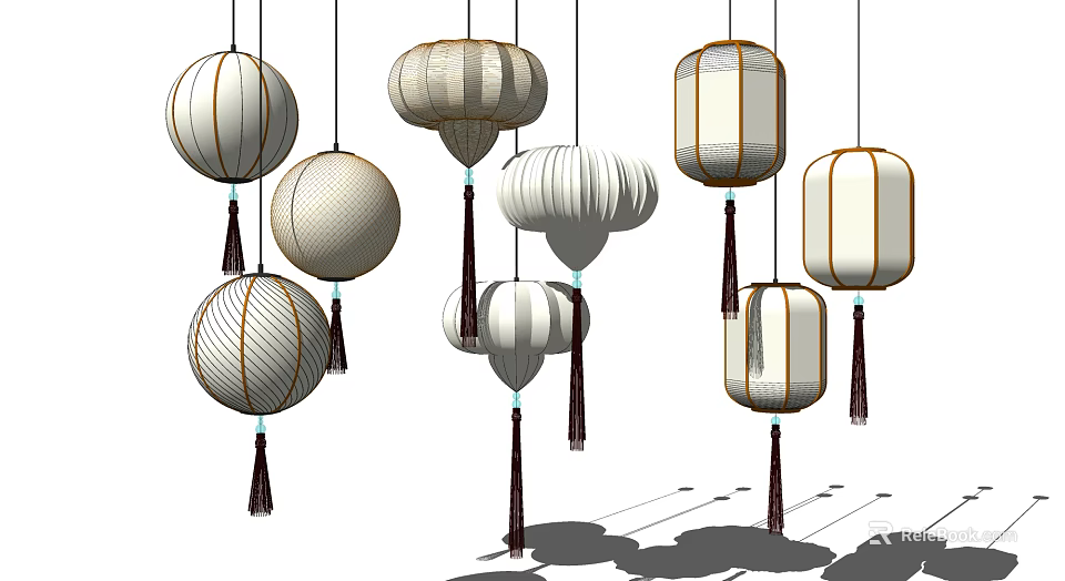 Modern Lantern Shaped Chandeliers With Various White Beige Designs And Tassels 3d model 