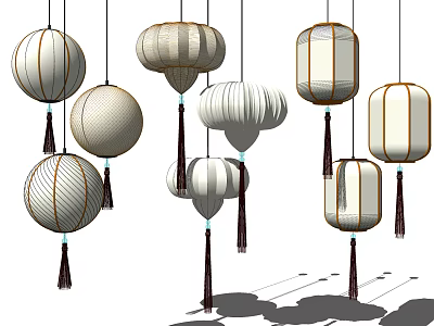 Modern Lantern Shaped Chandeliers With Various White Beige Designs And Tassels 3d model