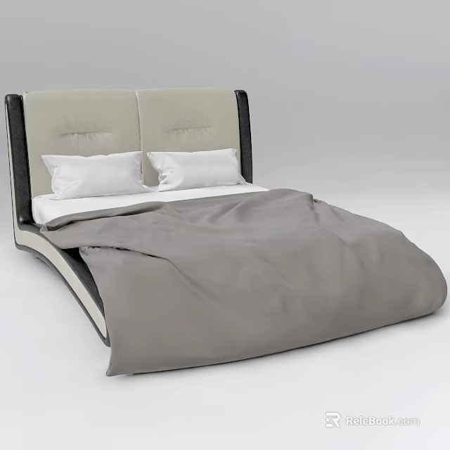 Modern Double Bed with Beige Headboard Dark Border Gray Comforter and White Pillows 3d model