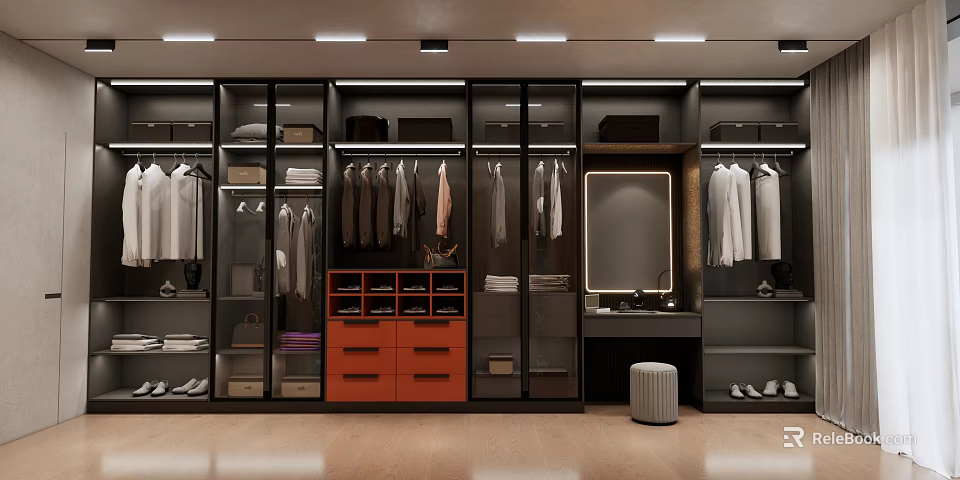 Modern Walk in Closet Interior With Hanging Clothes Glass Door Cabinets Orange Drawers And Mirror 3d model 