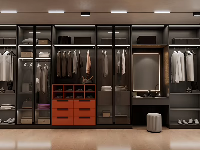 Modern Walk in Closet Interior With Hanging Clothes Glass Door Cabinets Orange Drawers And Mirror 3d model