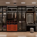 Modern Walk in Closet Interior With Hanging Clothes Glass Door Cabinets Orange Drawers And Mirror