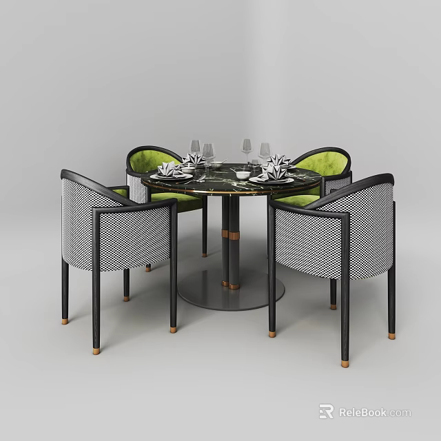 Modern Round Marble Dining Table Set With Green Cushioned Gray Woven Chairs 3d model