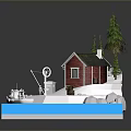 Red House With Solar Panel On Snowy Island Surrounded By Pine Trees Small Boat And Water
