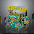 Two Story Exhibition Booth Structure With Yellow Green Design RENO Branding And Flags