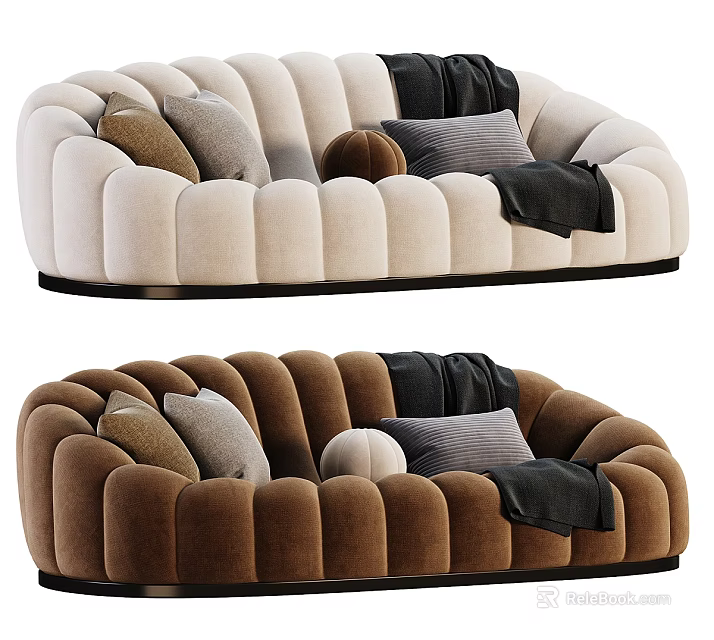 Modern Beige And Brown Sectional Sofa With Velvet Upholstery Pillows Throw Blanket 3d model 