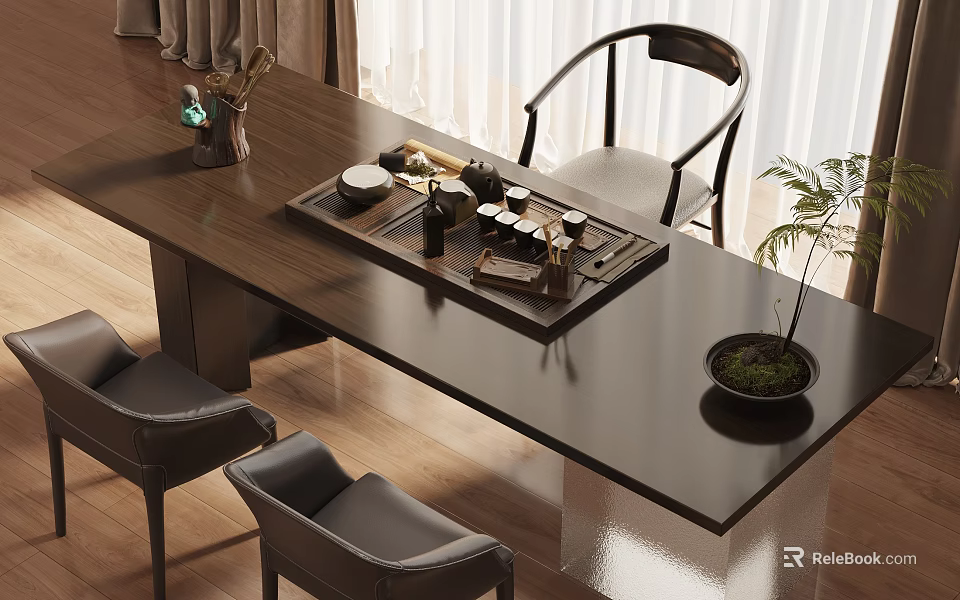 Elegant Modern Dark Wood Tea Table And Leather Chairs With Tea Sets And Tray 3d model 