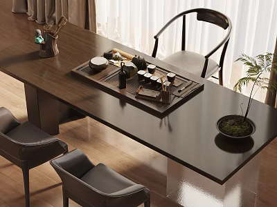 Elegant Modern Dark Wood Tea Table And Leather Chairs With Tea Sets And Tray 3d model