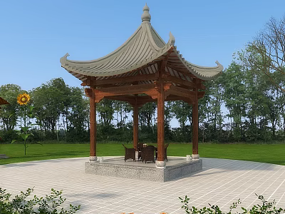 Traditional Chinese Pavilion With Wooden Structure Tiled Roof In Green Garden 3d model
