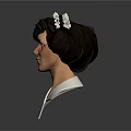 3D Female Head Model With Curly Dark Brown Hair and White Headpiece Featuring Circular Decorations