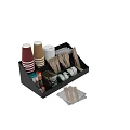 Disposable Colored Cups In Black Organizer Tray With Wooden Utensils Sugar Packets And Tea Bags
