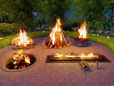 Scenic Garden Landscape With Multiple Bonfires Pebble Ground And Lush Greenery 3d model