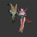 Elegant Eastern Game Movie Character with Pink Long Hair Flowing Dress and Mythical Creature Companion