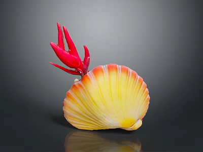 Colorful Scallop With Yellow Orange Shell And Red Top Structure On Gray Background With Reflection 3d model