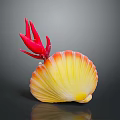 Colorful Scallop With Yellow Orange Shell And Red Top Structure On Gray Background With Reflection