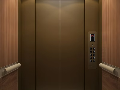 Elevator Interior With Golden Doors Control Panel Wooden Walls And Handrails 3d model