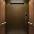 Elevator Interior With Golden Doors Control Panel Wooden Walls And Handrails 3d model