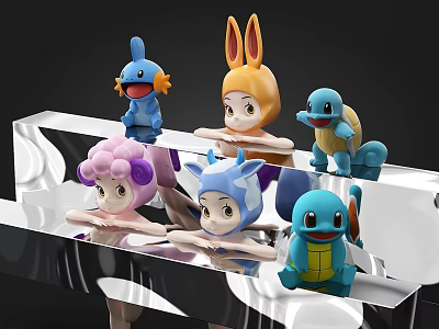 Colorful Cute Cartoon Dolls With Various Designs On Transparent Display Shelf 3d model