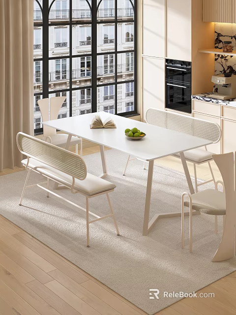 Modern Restaurant Dining Area With White Table Wicker Chairs And Large Windows 3d model