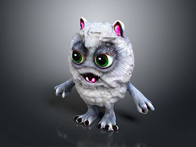 Cute Fluffy Gray Game Movie Character With Big Green Eyes Pink Ears And Claws 3d model