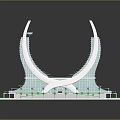 Arch Shaped White Architectural Model With Green Landscaped Areas And Blue Water Features