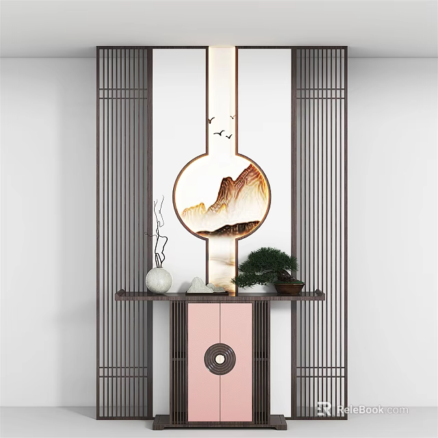Chinese Style Entryway Console Table With Side Cabinet And Circular Landscape Screen Decor 3d model