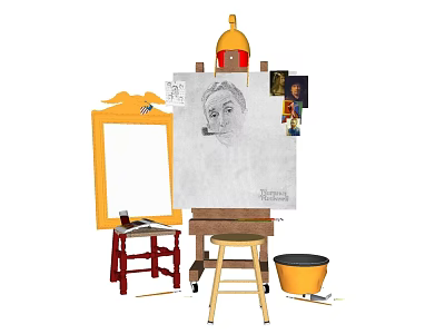 Display of Musical Instruments and Art Supplies with Easel Canvas Paint Bucket and Stools 3d model
