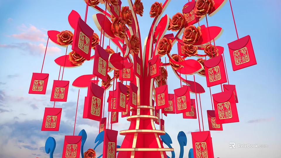 Vibrant Red Tree Decoration With Roses Envelopes And Gold Patterns Against Blue Sky 3d model 