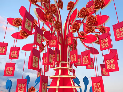 Vibrant Red Tree Decoration With Roses Envelopes And Gold Patterns Against Blue Sky 3d model
