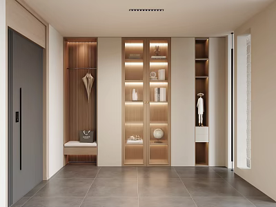 Modern Entryway Hallway Interior Design With Wooden Panels Illuminated Shelves And Storage Cabinets 3d model