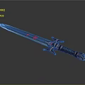 Decorative Blue Blade Sword With Red Markings Ornate Hilt Black Handle And Flame Pommel