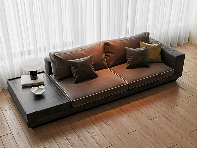 Brown Two Seater Sofa with Gray and Beige Cushions by White Curtains on Wooden Floor 3d model