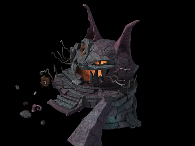 Cartoon Spooky Stone Castle with Glowing Eyes Twigs and Pumpkin Lantern 3d model
