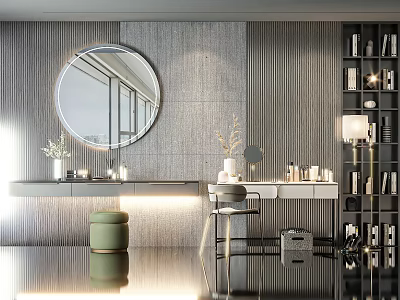 Modern Dressing Table With Circular Mirror Gray Textured Wall And Green Stool 3d model