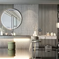 Modern Dressing Table With Circular Mirror Gray Textured Wall And Green Stool