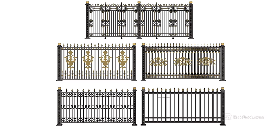 Various Ornate Iron Fence Styles With Golden Decorative Accents And Intricate Patterns 3d model 