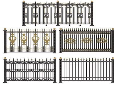 Various Ornate Iron Fence Styles With Golden Decorative Accents And Intricate Patterns 3d model