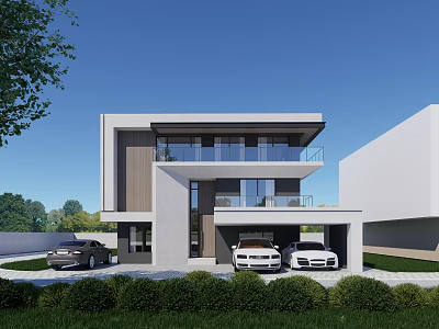 Modern Detached Villa Exterior With Large Windows Two Car Garage And Landscaped Garden 3d model