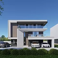 Modern Detached Villa Exterior With Large Windows Two Car Garage And Landscaped Garden